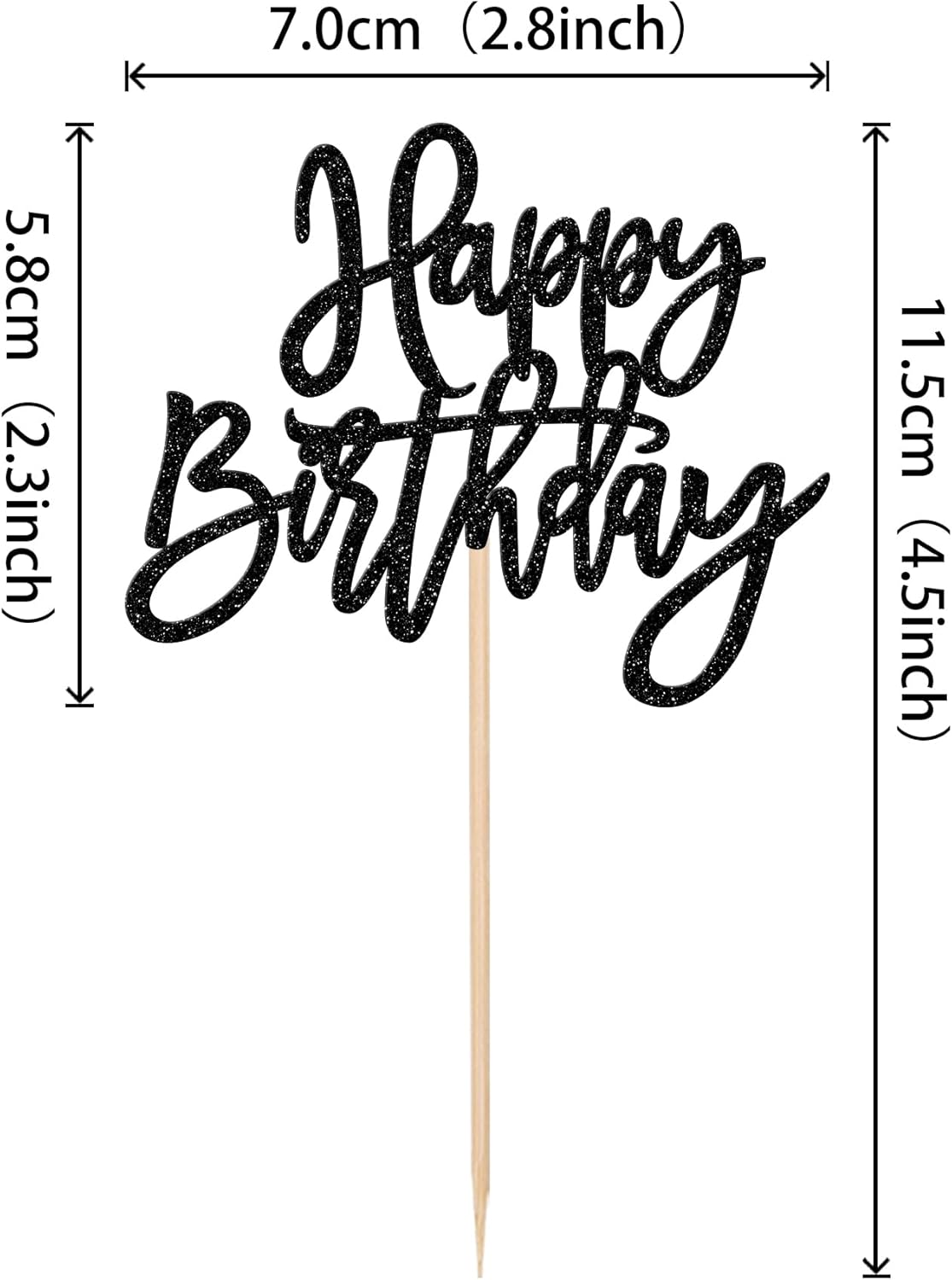 24 PCS Glitter Cupcake Toppers - Happy Birthday & Anniversary Cake Decorations - Black