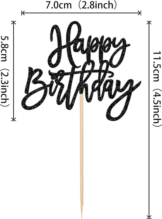 24 PCS Glitter Cupcake Toppers - Happy Birthday & Anniversary Cake Decorations - Black