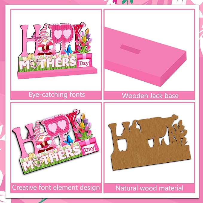 4pcs Mothers Day Decorations for Party Wood Table Decor Happy Mothers Day Centerpieces for Tables Pink I Love U Mom Thank You Mom Wood Tabletopper for Home