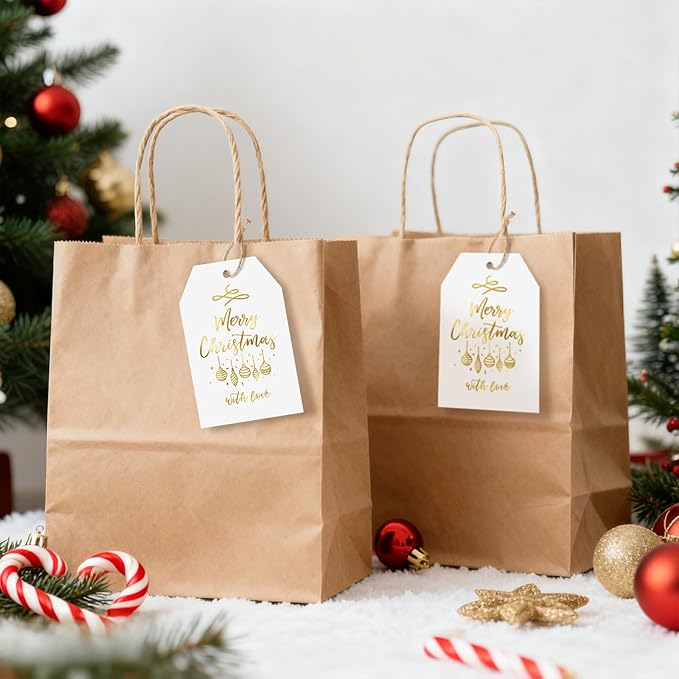 Anwyll Christmas Gift Tags with String - 50Pcs Gold and White Merry Christmas with Love Tags for Gifts Xmas Gift Tag Happy Holidays Hang Paper Label Tag for Present Wrap Goodie Bag Holiday Party Favor