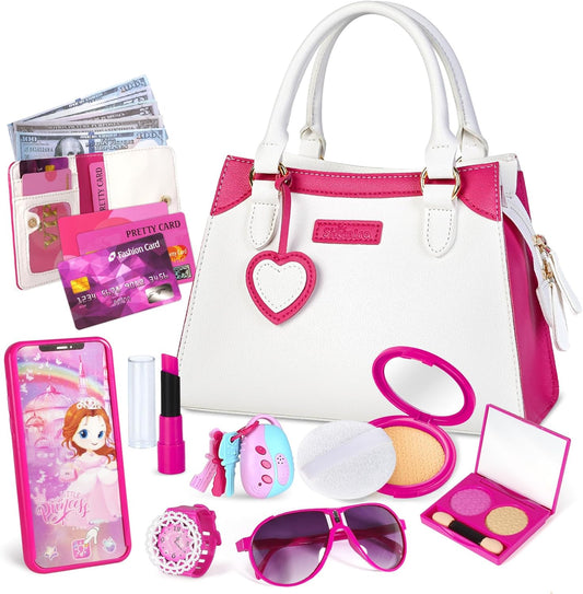 Shemira Play Purse for Little Girls, Princess Pretend Toys for Kids 3 4 5 6 7 8 Years Old, Christmas & Birthday Gift for Girls Age 3-5 4-6 6-8, Toddler Purse with Accessories, Kids Toy Purse, White