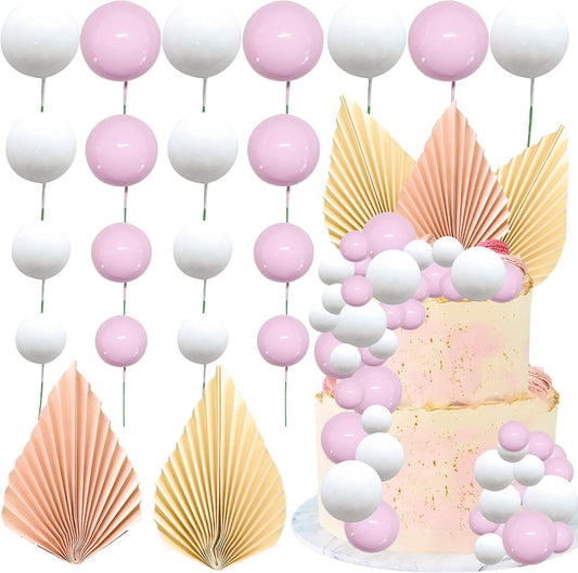 Ephlyn 28Pcs Paper Palm Fan Cake Topper Decorations Balls Cake Pick for Baby Shower Wedding Bridal Shower Birthday Party Cake Decorations Pink White