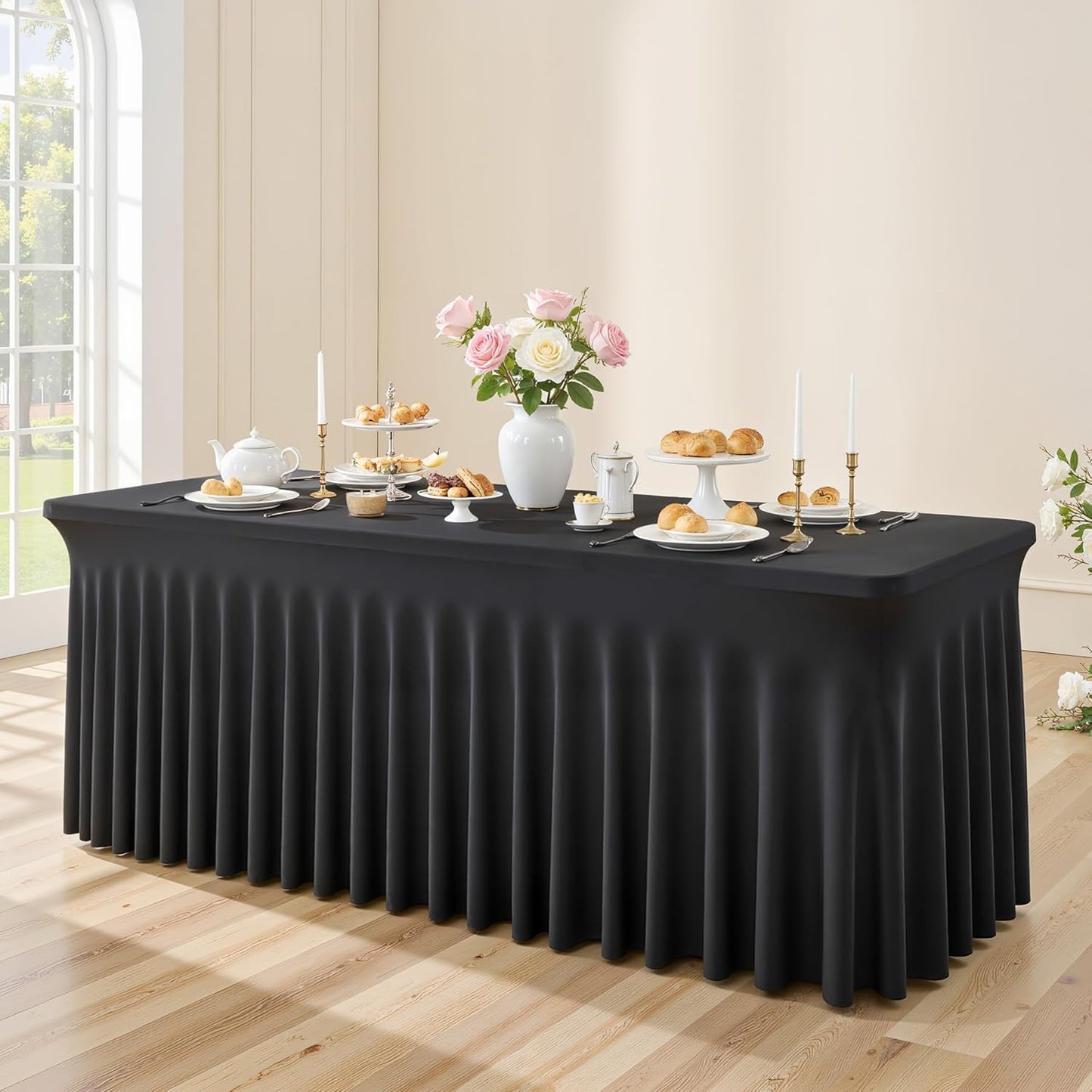 Besutolife Black Spandex Tablecloth with Skirt for 8ft Rectangle Tables - Wrinkle-Resistant, Stretchable, Machine Washable - Perfect for Weddings Banquets Birthday Parties Events