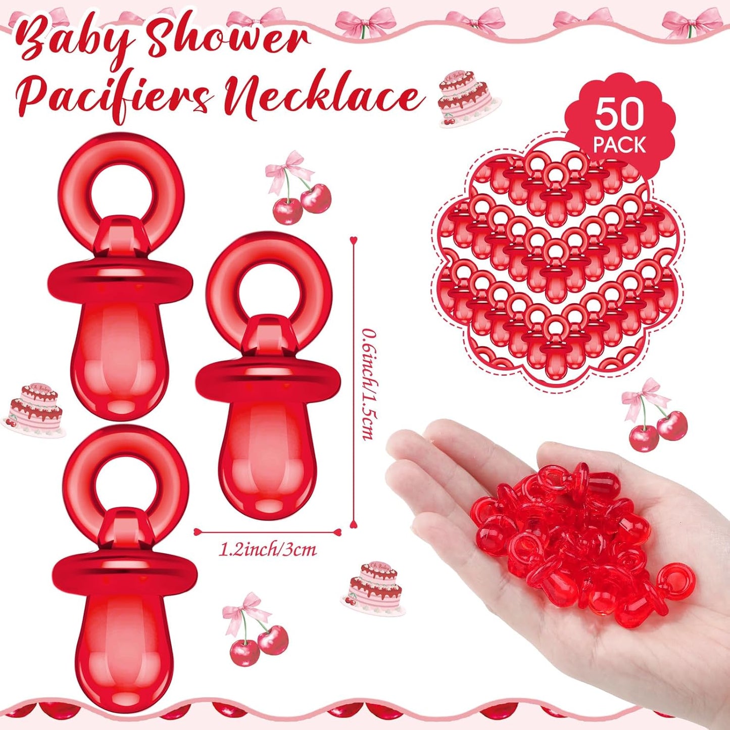 Thyle 51 Pcs She's Our Cherry on Top Baby Shower Games Red Cherry Pacifier Hunt Include Hunt Sign and 50 Acrylic Pacifiers for Christmas Baby Shower Game Decoration Gift Sets Gender Reveal Party Decor