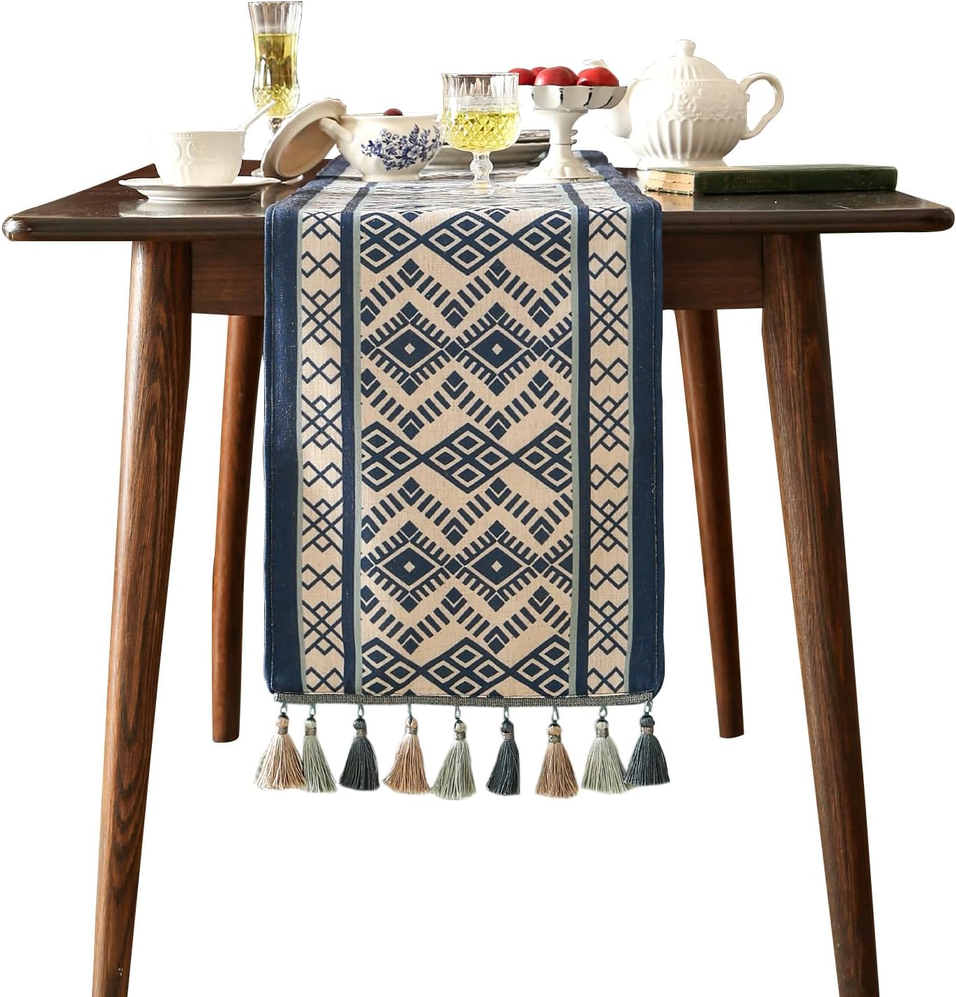 Chinoiserie Blue Stripe Cloth Runner for Table,Decorative Farmhouse Linen 87 Inches Long Table Runners,Decor Tabletop for Kitchen,Dining,Party,Home,Christmas,12"*87"