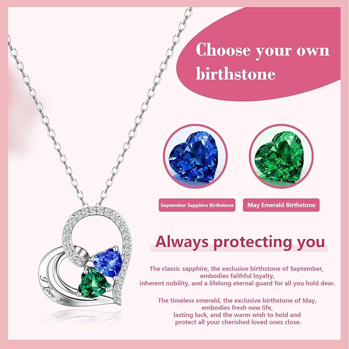 Double Birthstone Heart Necklace 0.8CT Dual-Gemstone S925 Sterling Silver Plated White Gold Engraved I Love You Perfect Anniversary/Valentine's Day Gift for Wife/Girlfriend/Mom/Daughter