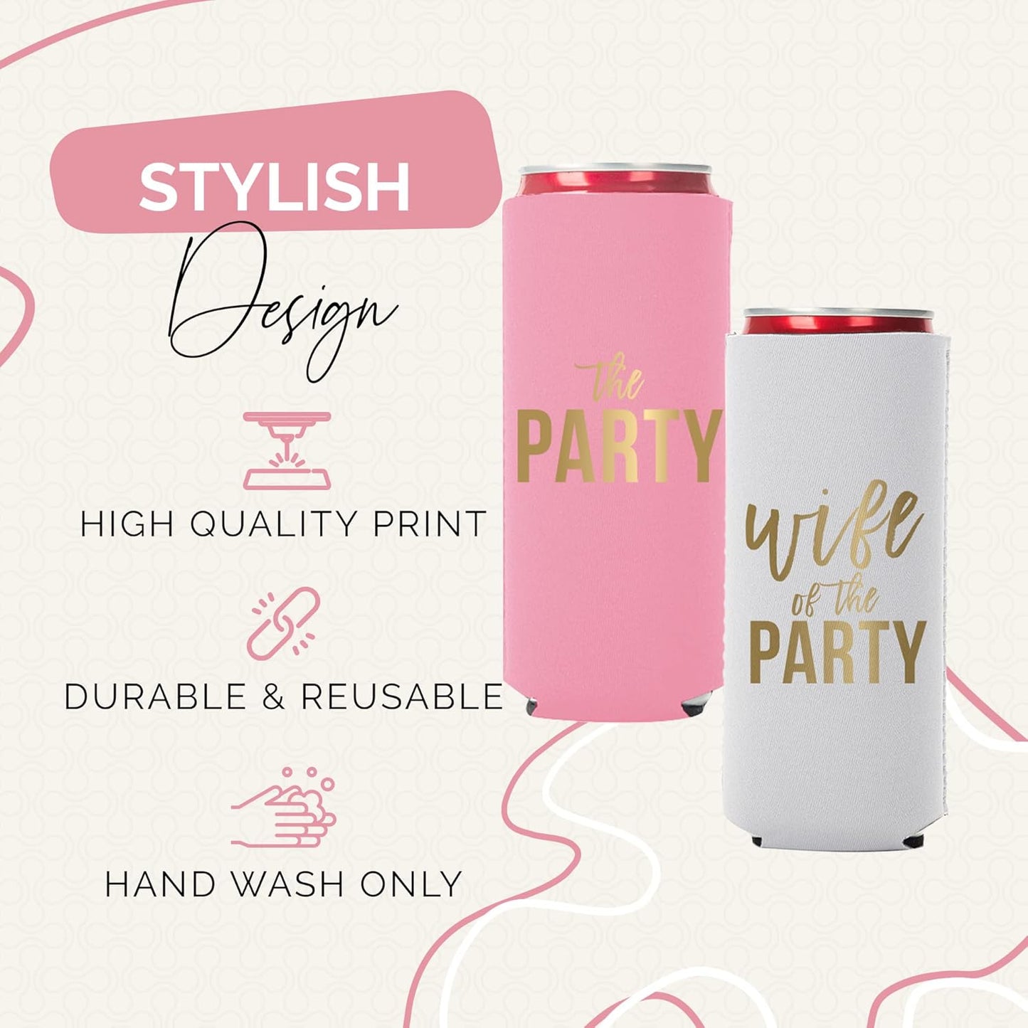 Wife of the Party and The Party Bachelorette Can Coolers - Set of 12, Perfect for Decorations and Bridesmaid Gifts (Dusty Rose, Slim)