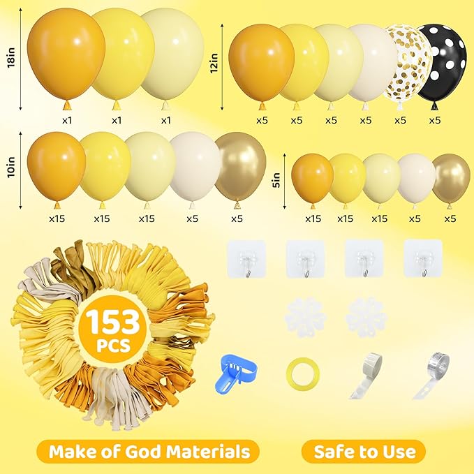 Amandir 153pcs Bee Balloon Arch Garland Kit, Different Sizes 18 12 10 5 inch Mustard Pastel Yellow Gold Confetti Balloons for What Will It Bee Gender Reveal Sunflower Honey Birthday Party Decorations