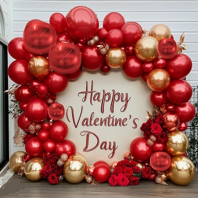 Red and Gold Balloon Garland Double Stuffed Ruby Red Gold Balloons Arch Kit With Mylar Balloon for Valentine New Year Baby Shower Anniversary Birthday Party Decoration