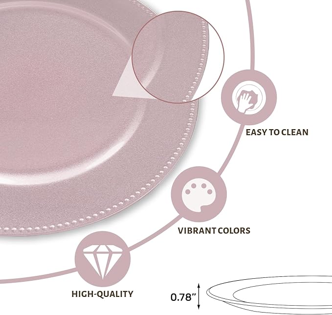 MAONAME 13" Pink Charger Plates, Plastic Charger Plates with Beaded, Round Chargers for Dinner Plates, Plate Chargers for Wedding, Table Decor, Set of 12