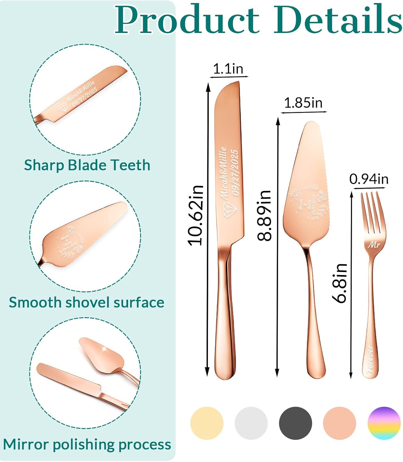 HJX Personalized Wedding Cake Knife and Server Set, Custom Names Cake Cutting Set, Customized Knife and Cake Server Set Gift for Bridal Anniversary Birthday Wedding Registry (Rose Gold)