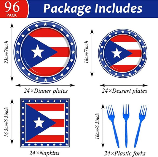 96Pcs Puerto Rico Party Supplies Puerto Rico Flag Paper Plates Napkins Puerto Rico Birthday Party Decorations Souvenirs Puerto Rico Dinnerware Party Favor Puerto Rico Gifts Tableware Serves 24