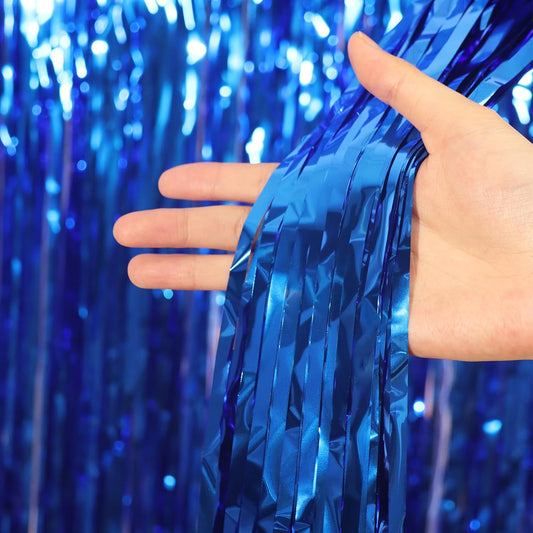 3 Pack 3.3x8.2 Feet Blue Foil Fringe Backdrop Curtains, Tinsel Streamers Birthday Party Decorations, Fringe Backdrop for Graduation, Baby Shower, Gender Reveal, Disco Party
