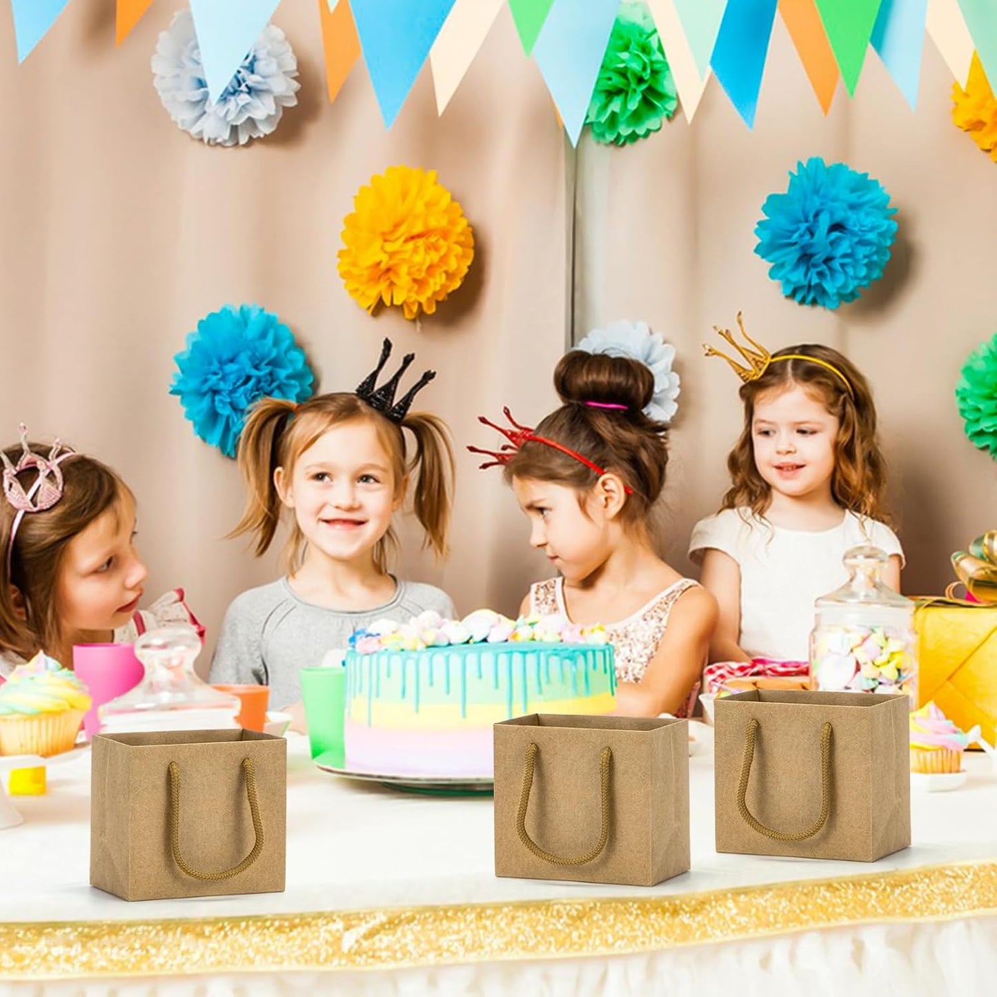 driew Small Brown Gift Bags 50 Pcs, 4.5" x 2.8" x 4" Min Thick Kraft Paper Bags Bulk with Brown Handles Set for Wedding Party Birthday Gathering Baby Shower