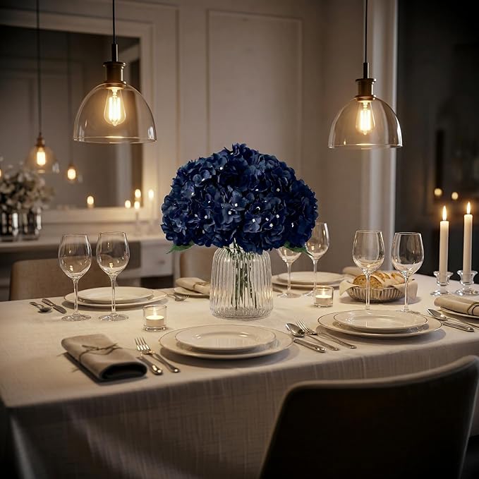 2Bouquets Artificial Fake Flowers Silk Hydrangea Arrangements Wedding Bouquets Decorations Plastic Floral Home Kitchen Garden Party Festival Bar DIY (Navy Blue)