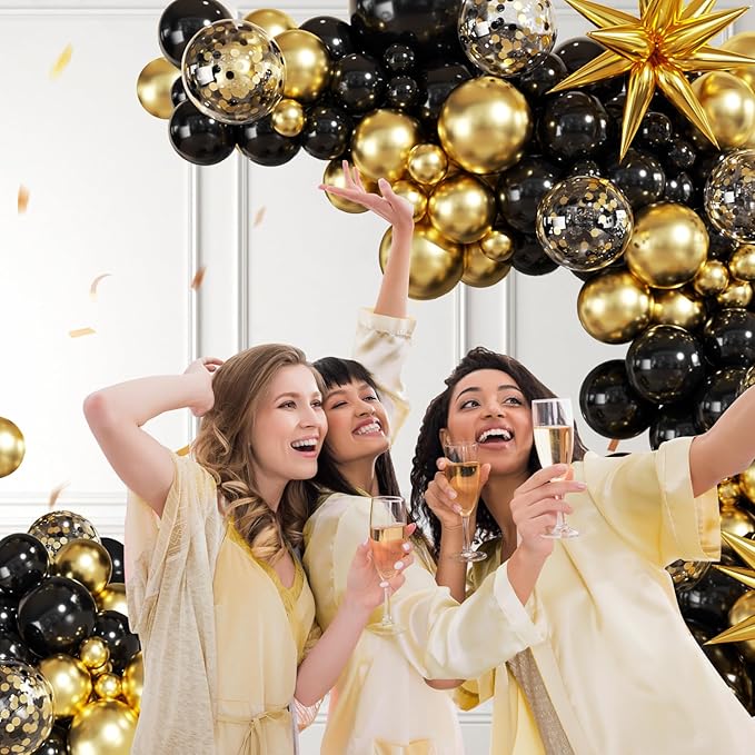 Black and Gold Balloon Garland Arch Kit, 140Pcs Black Gold Confetti Balloons with Stars for Birthday Graduation New Year Retirement Anniversary Wedding Engagement Party Decorations