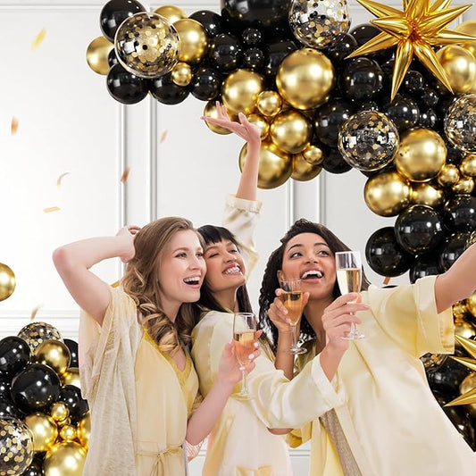 Black and Gold Balloon Garland Arch Kit, 140Pcs Black Gold Confetti Balloons with Stars for Birthday Graduation New Year Retirement Anniversary Wedding Engagement Party Decorations