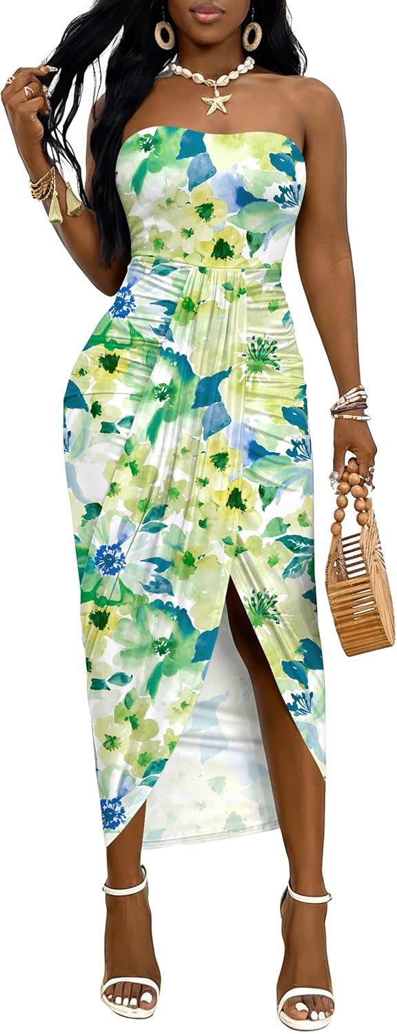 Umenlele Women's Strapless Ruched High Waist Wrap Split Asymmetrical Beach Maxi Long Dress