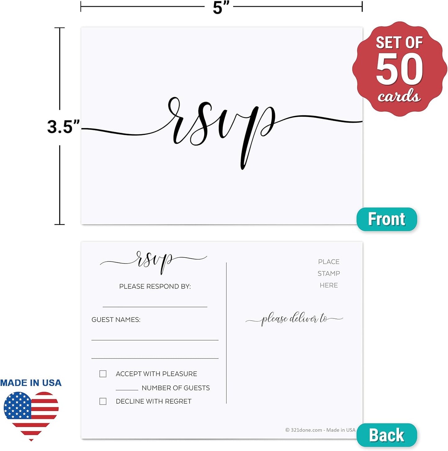 321Done RSVP Postcards (Set of 50) Small White, 3.5" x 5" - Blank with Mailing Side, Response Cards for Wedding, Bridal Shower, Baby Shower - Made in USA, Elegant Script White