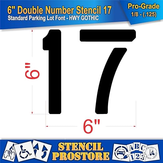 Pavement, Curb, and WheelStop Stencils - 6 inch Double Number Stencil - (17) - 6" x 6" x 1/8" (128 mil) - Pro-Grade