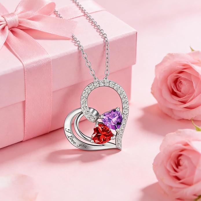 Double Birthstone Heart Necklace 0.8CT Dual-Gemstone S925 Sterling Silver Plated White Gold Engraved I Love You Perfect Anniversary/Valentine's Day Gift for Wife/Girlfriend/Mom/Daughter
