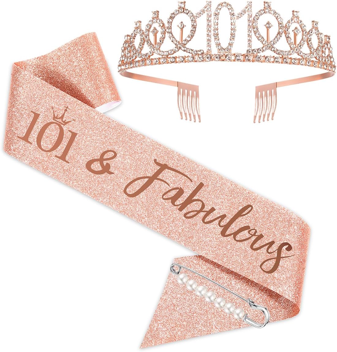 BRT Bearingshui 101th Birthday Sash and Tiara for Woman, Rose Gold Birthday Sash Crown 101 Fabulous Sash and Tiara for Woman, 101th Birthday Gifts for Happy 101th Birthday Party Favor Supplies