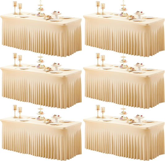 6 Packs Champagne Spandex Tableclothes for 8 Foot Rectangle Table, Spandex Table Covers 8FT Stretch Table Skirts Wrinkle Free Fitted Tablecover for Event, Wedding, Banquet & Parties