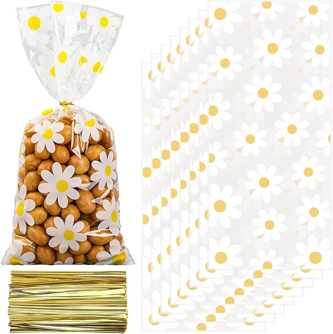 Whaline 100Pcs Daisy Cellophane Bag with Gold Twist Ties White Flower Plastic Candy Cookie Bags Floral Cello Goodie Bags for Spring Summer Boho Hippie Daisy Flower Party Birthday Baby Shower Wedding