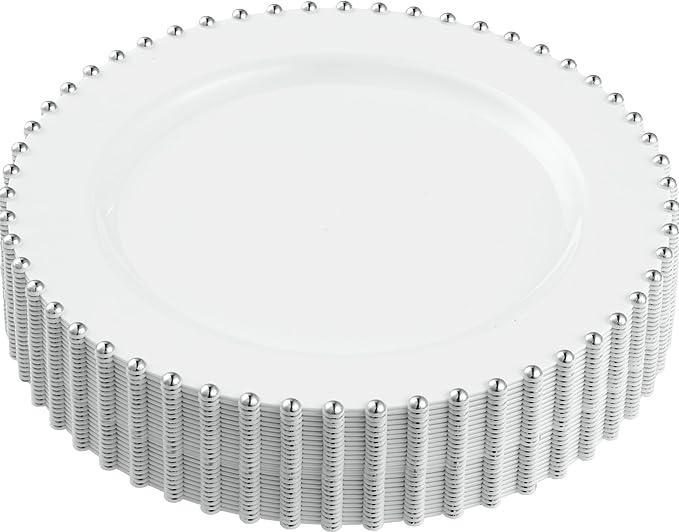 PLASTICPRO 64 Piece Combo Plastic Dinner Plates Disposable Plastic Fancy Heavy Duty Party Dishes 7 inch and 10 inch, White and Silver Beaded
