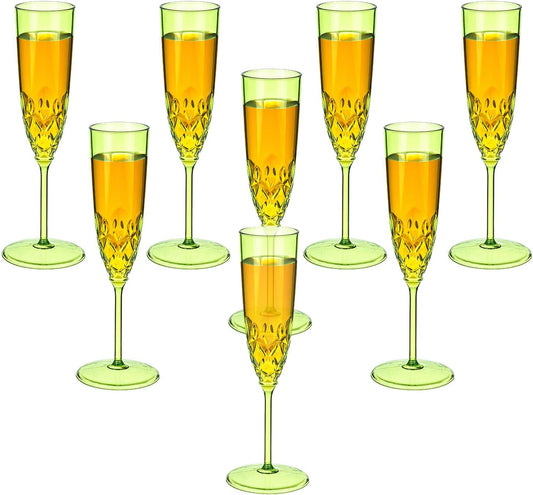 Plastic Champagne Flutes, 8 Pcs Shatterproof Reusable Fancy Crystal Clear Champagne Glasses, 5 oz Acrylic Unbreakable Elegant Party Drinking Cocktail Wine Glasses Wedding Birthday Bar Goblets Green