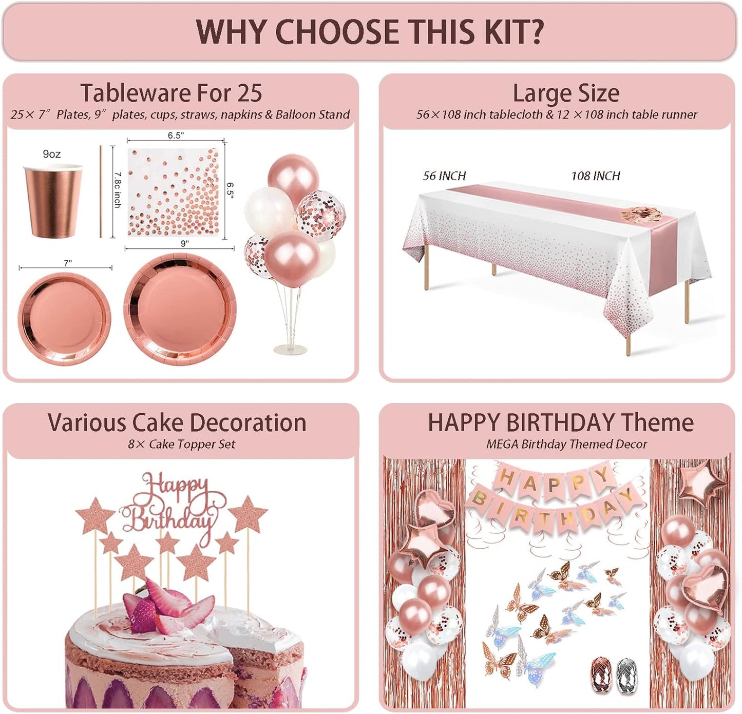 236 Pcs Birthday Decorations For Women, Rose Gold Party Decorations Kit For Girls Or Women - Butterfly, Hanging Swirl, Balloon Stand, Sash, Tiara, Banner, Balloon, Tableware For 25 Guest