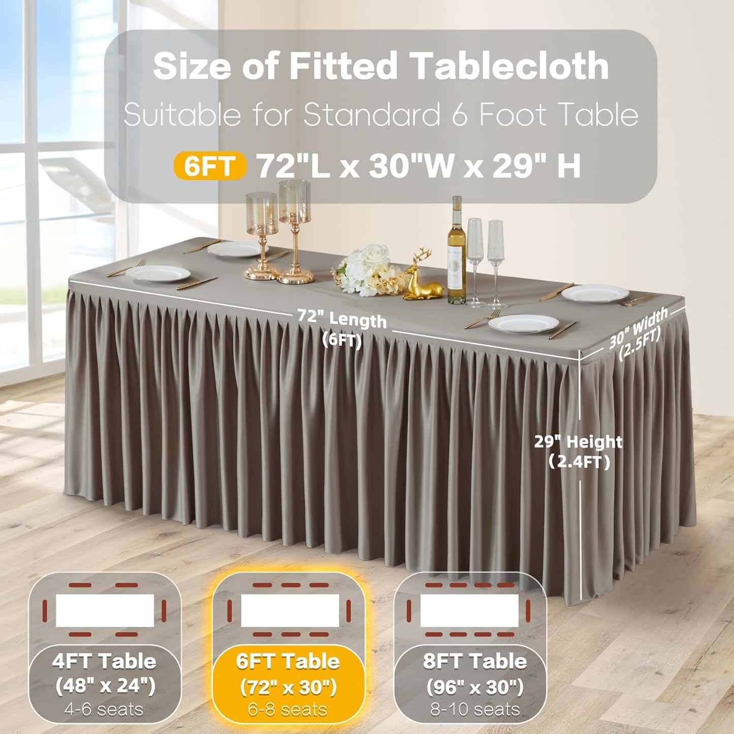 Natural Table Clothes for Rectangle Tables 6ft, Wrinkle Resistant Fitted Table Cloth with Pleated Ruffle Skirts for Banquet Wedding Baby Shower Folding Tables