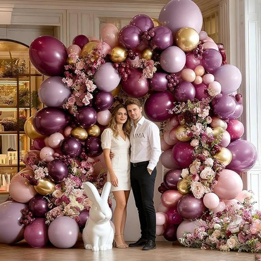 Dark Purple Pink Balloon Garland Double Stuffed Plum Mauve Burgundy Gold Balloon Arch Kit Dusty Pink Lavender Balloons for Birthday Bridal Shower Wedding Valentine Mother's Day Party Decorations