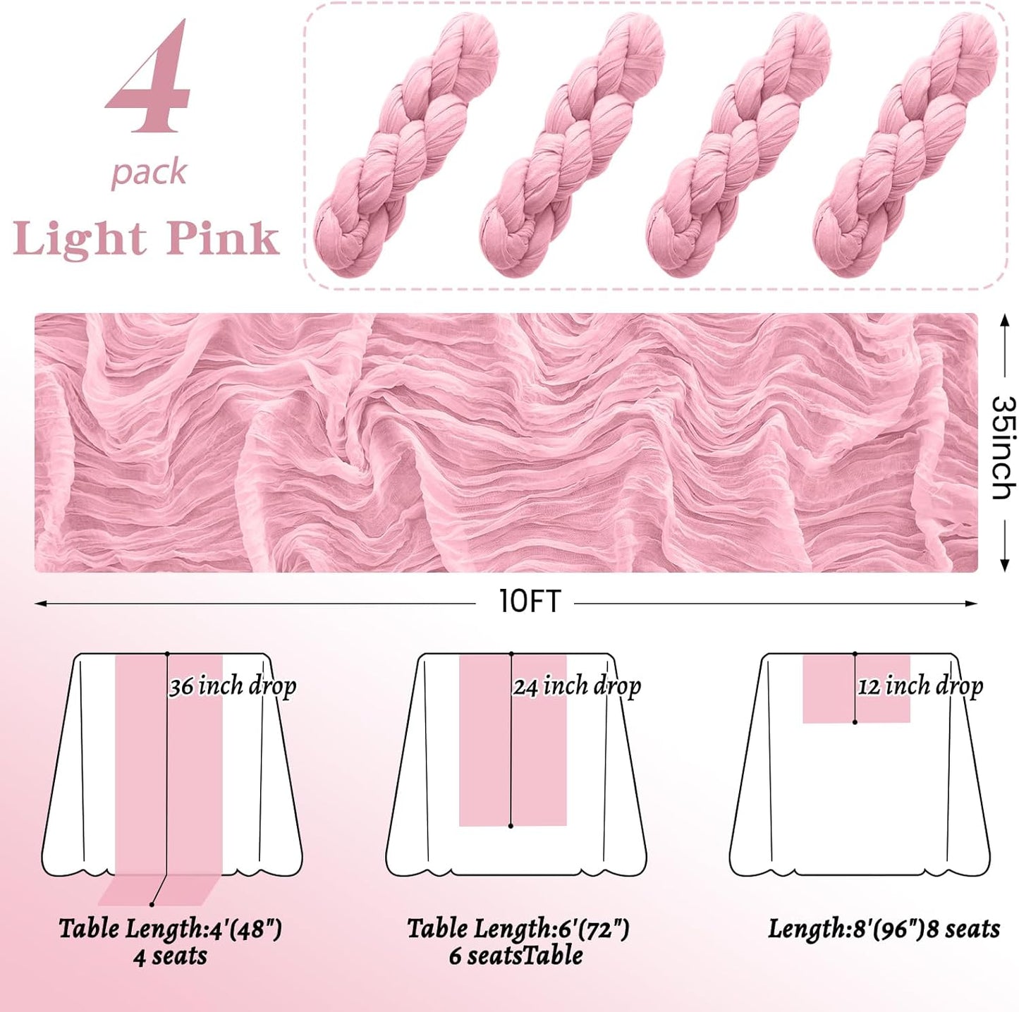 4Pack Pink Table Runner 10FT Cheesecloth Table Runner 35x120Inch Long Boho Cheese Cloth Table Runners Rustic Gauze Table Runners for for Party Wedding Bridal Shower Baby Shower Decorations