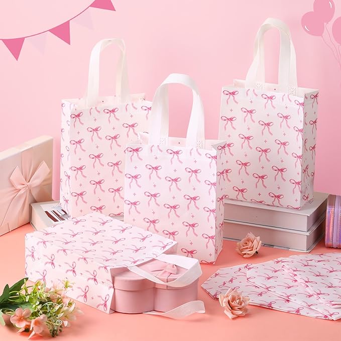 Supervitae 24 Pack Coquette Pink Bow Gift Bags Medium Bow Themed Party Favor Bags Reusable Non Woven Goodie Totes for Birthday Bachelorette Baby Shower Thanksgiving(9.8" x 7.9" x 3.9")