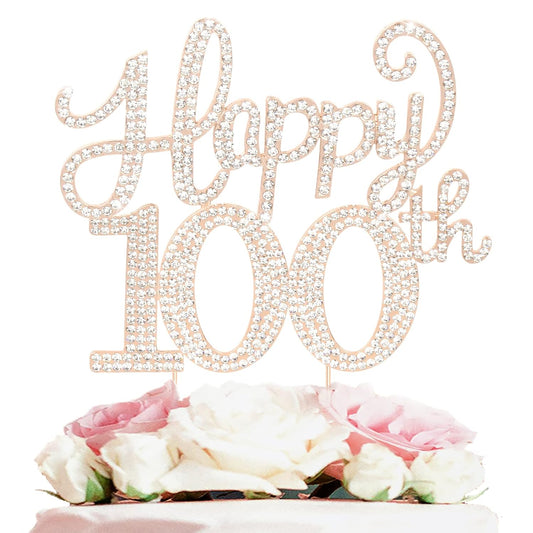 LASKYER Happy 100th Birthday Decorations,100th Birthday Gold Rhinestone Cake Topper - Cheers to 100 Years Old Bday Party Metal Sparkly Cake Centerpieces Sign.