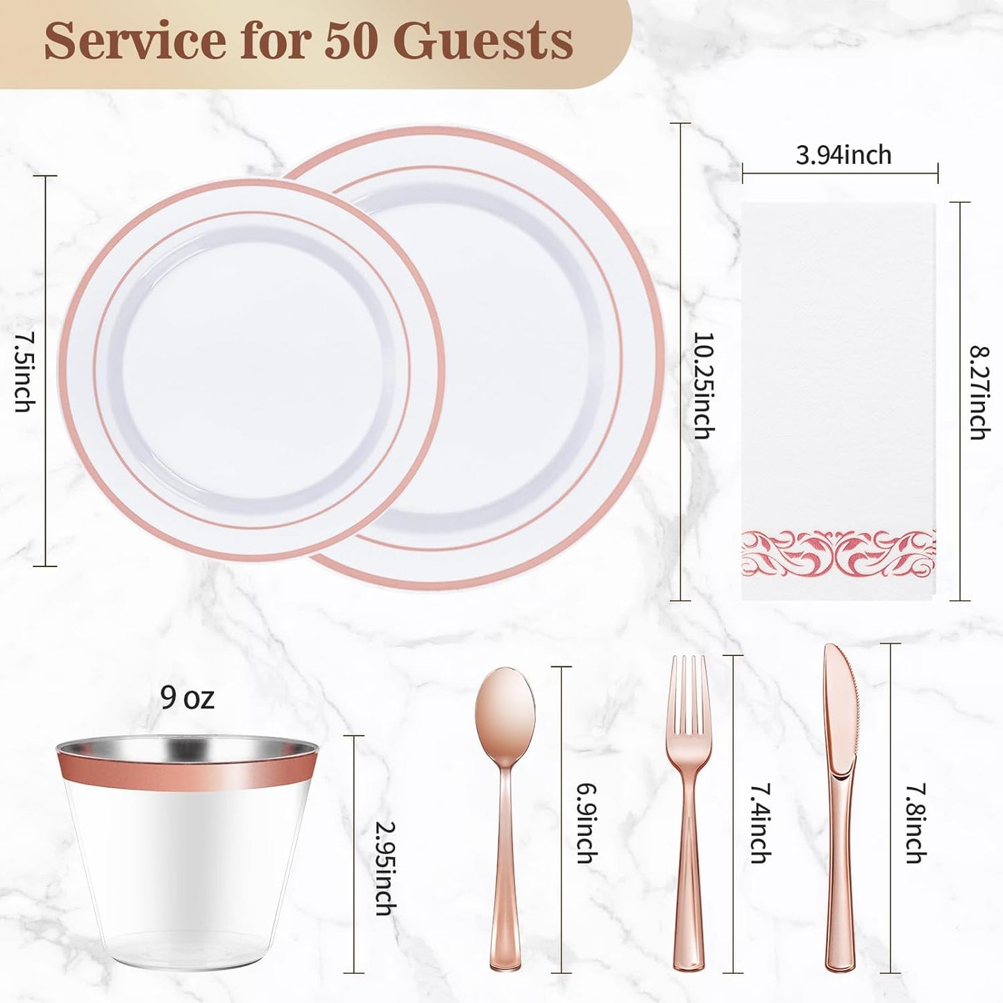BESTVIP 350PCS Rose Gold Disposable Dinnerware Set for 50 Guests, Plastic Plates for Party, Wedding, Christmas, Halloween, Include: 100 Plastic Plates, 50 Silver Silverware, 50 Cups, 50 Napkins