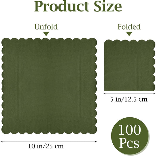 100 Pcs Cocktail Napkins, 2-Ply 5 x 5 Inches Disposable Scalloped Napkins, Thick Premium Dessert Napkins for Party, Wedding, Dinner, Birthday, Anniversary, Festival (Green)