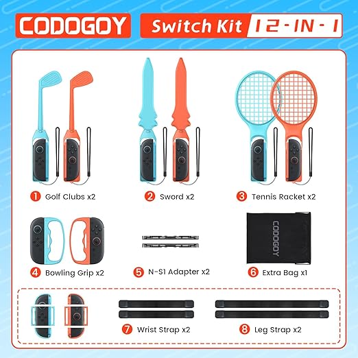 CODOGOY 12-in-1 Switch Sports Accessories Bundle for Switch 1/2/OLED - Complete Family Sports Kit with Storage Bag, Exclusive Bowling Grips & 2 Player Support for Nintendo Switch Sports Games,Switch 1/2 Compatible