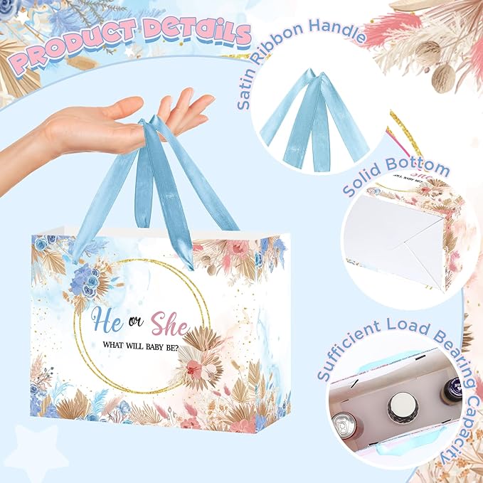 Gender Reveal Gift Bag Blue Pink Boy or Girl Paper Bag with Wrapping Paper Card What Will Baby Be Party Decoration Boho Flower Treat Candy Bag for Baby Shower Gender Reveal Birthday Party Supplies