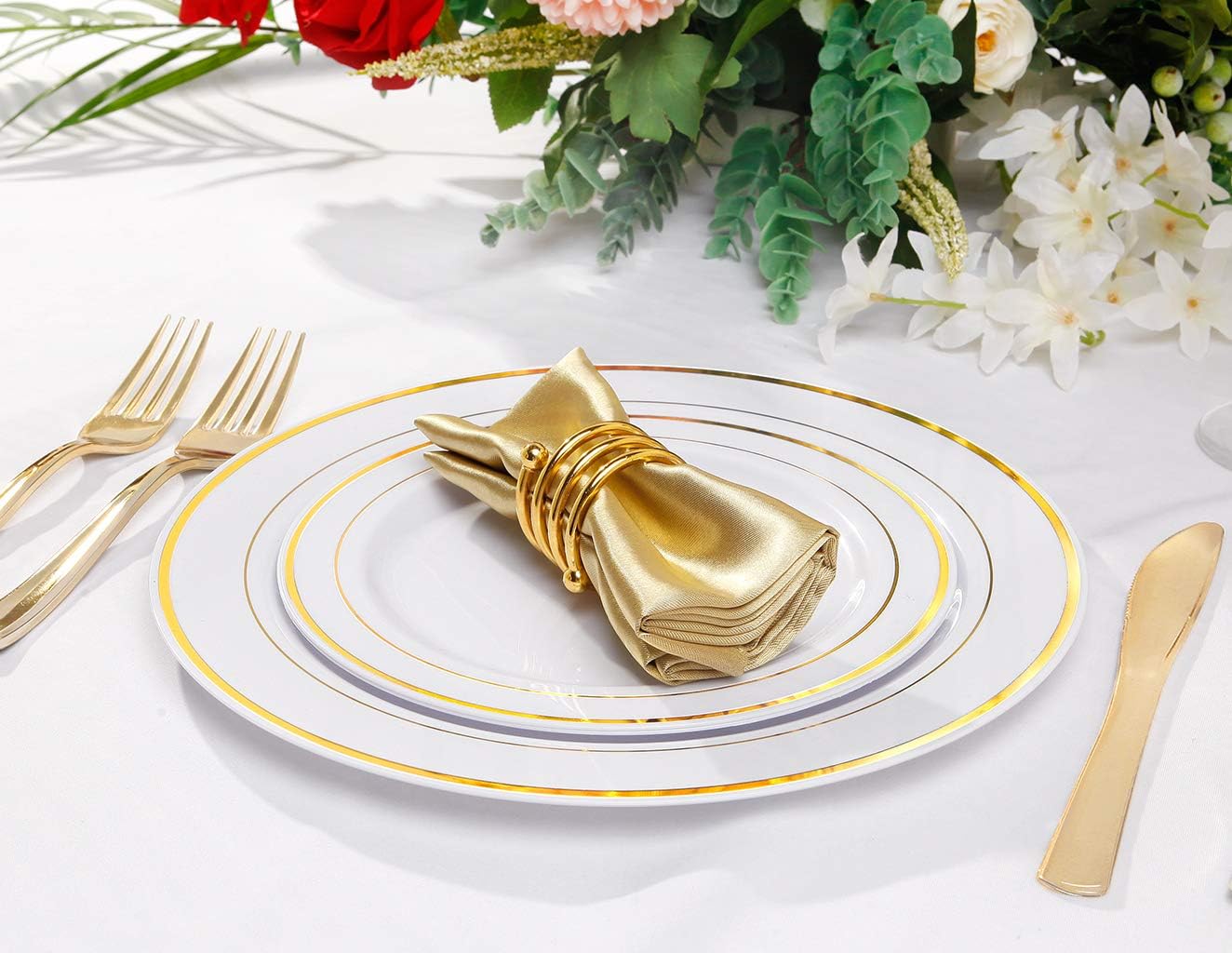 bUCLA 100Pieces Gold Plastic Plates -7.5inch White and Gold Disposable Salad/Dessert Plates - Ideal for Weddings, Party & Thanksgiving