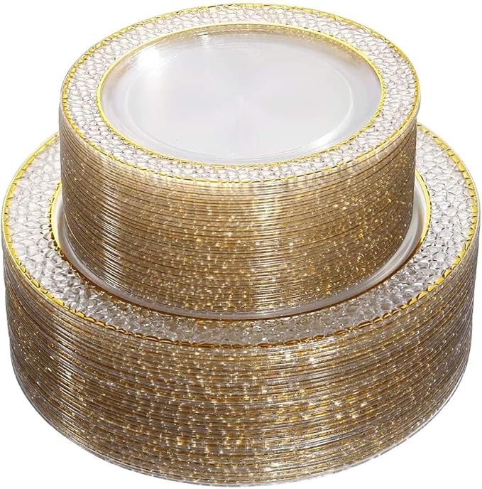 Nervure 102PCS Gold Plastic Plates - Disposable Clear Gold Party Plates Include 51PCS 10.25inch Dinner Plate & 51PCS 7.5inch Dessert Plate Perfect for Wedding & Party & Christmas