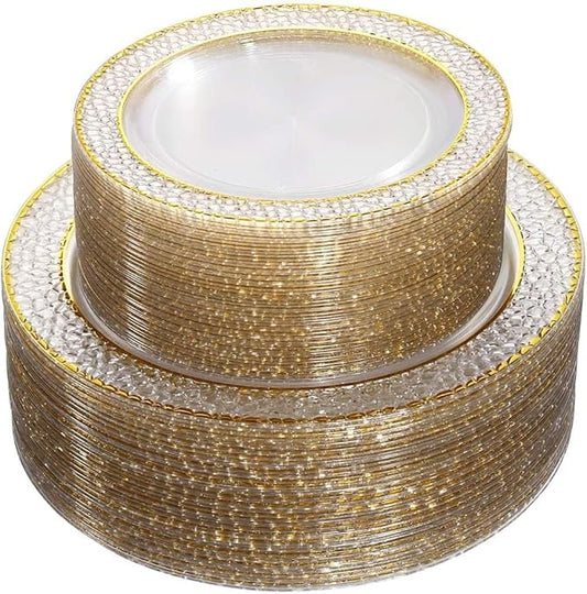 Nervure 102PCS Gold Plastic Plates - Disposable Clear Gold Party Plates Include 51PCS 10.25inch Dinner Plate & 51PCS 7.5inch Dessert Plate Perfect for Wedding & Party & Christmas