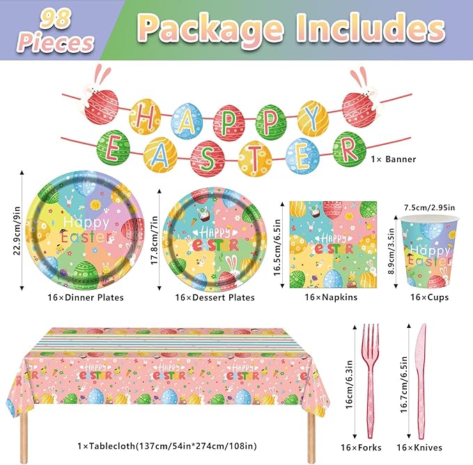 98PCS Easter Party Supplies Happy Easter Paper Plates and Napkins Colorful Easter Bunny Egg Tableware Set Spring Easter Party Decorations Easter Holiday Party Disposable Dinnerware Set for 16 Guests