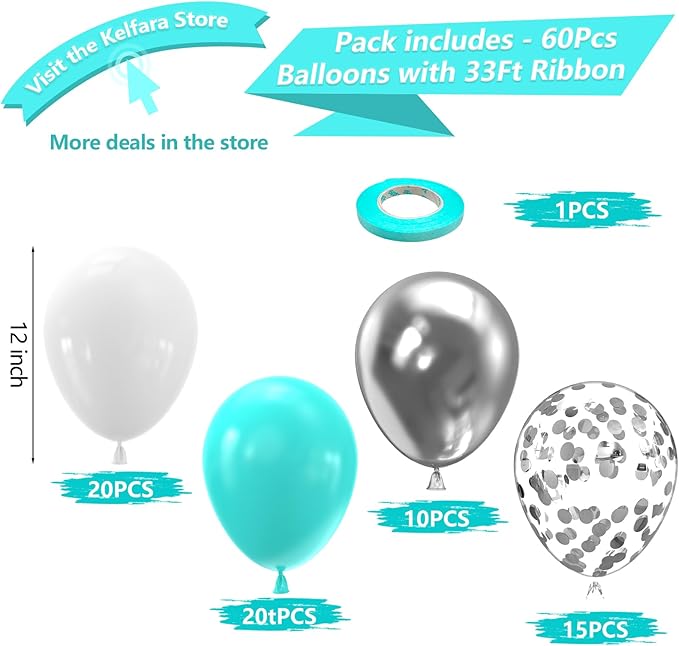 Teal Blue Silver White Balloons Kelfara 60Pcs 12 inch Turquoise Silver White Metallic Confetti Balloons Kit with Ribbons for Wedding Bridal Baby Shower Birthday Graduation Prom Party Decorations