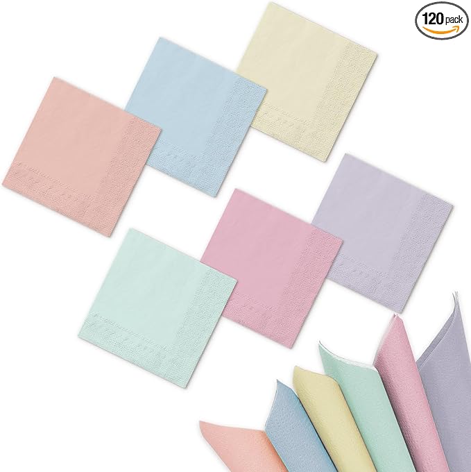 Whaline 120Pcs Pastel Rainbow Paper Napkins Colorful Disposable Dinner Napkins Multi-colored Luncheon Napkin for Spring Easter Summer Party Birthday Baby Shower Wedding Home Table Decor, 6 Colors