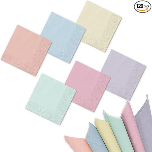 Whaline 120Pcs Pastel Rainbow Paper Napkins Colorful Disposable Dinner Napkins Multi-colored Luncheon Napkin for Spring Easter Summer Party Birthday Baby Shower Wedding Home Table Decor, 6 Colors