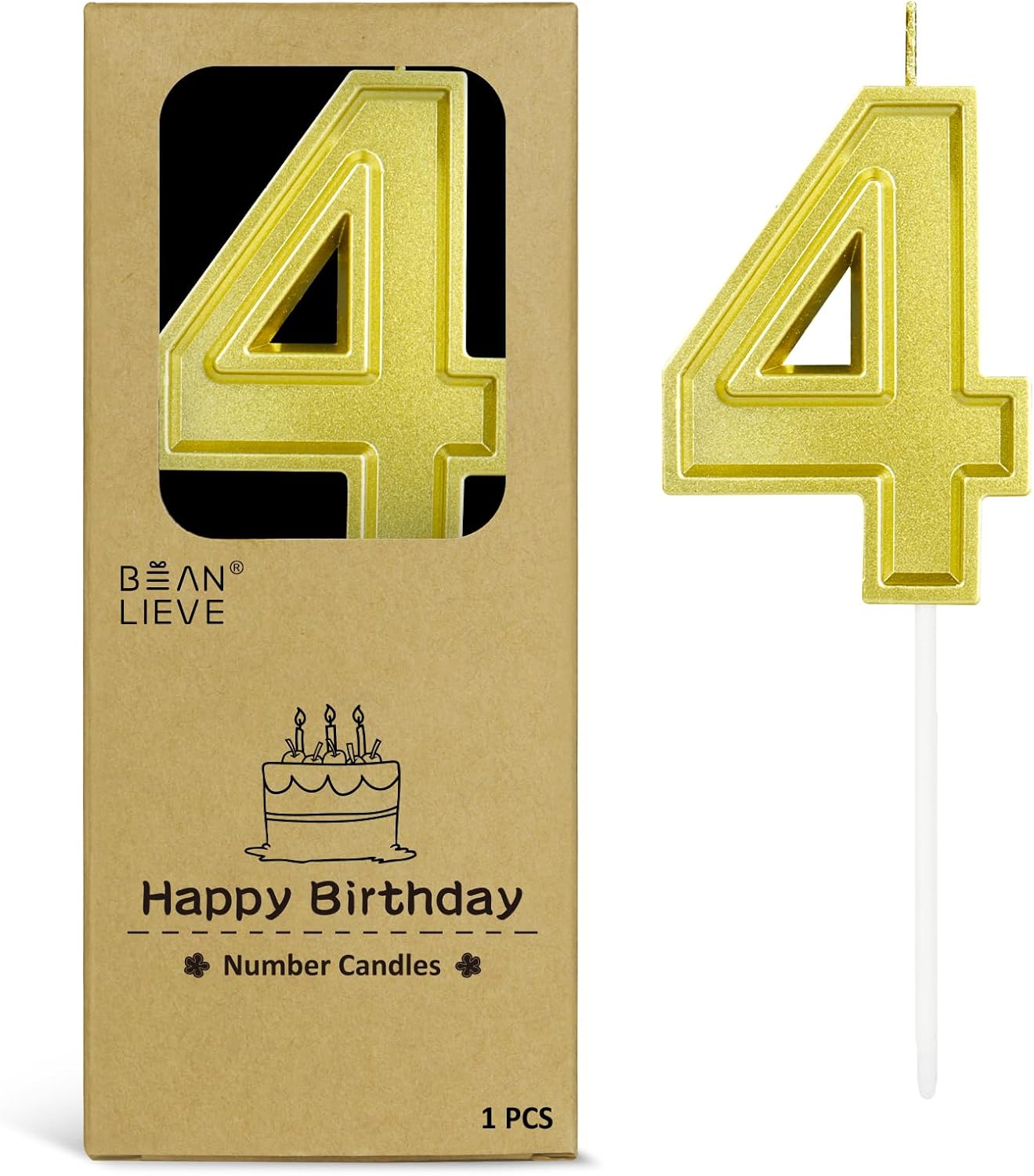 BEAN LIEVE Gold Birthday Candles Number 4, Gold Number Candles, Cake Number Candles for Birthday Parties and Wedding Anniversary Celebrations
