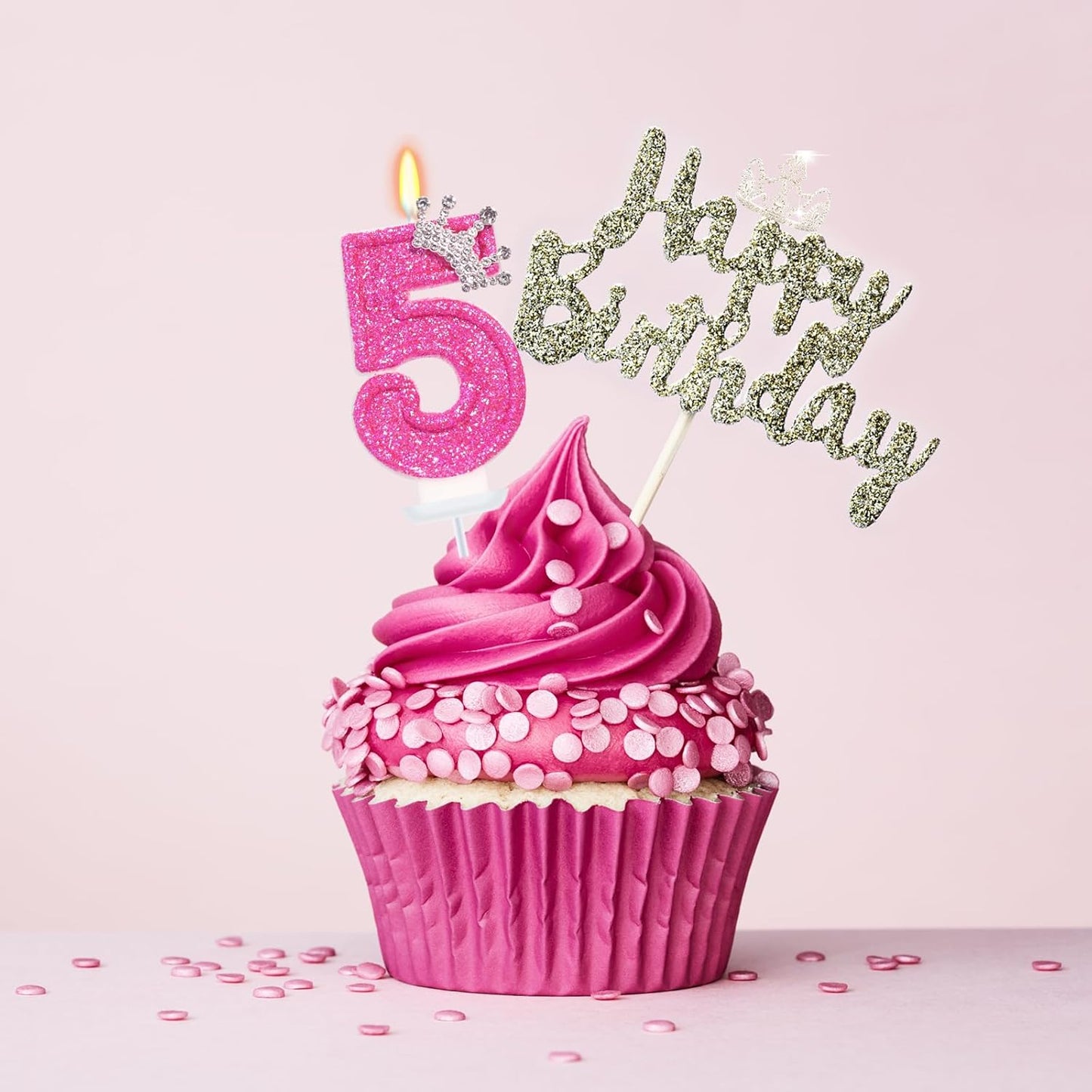 Number 5 Birthday Candle, Crown Rose Number Cake Candles, 3" Tall, Smokeless, Clean Burn, Unscented