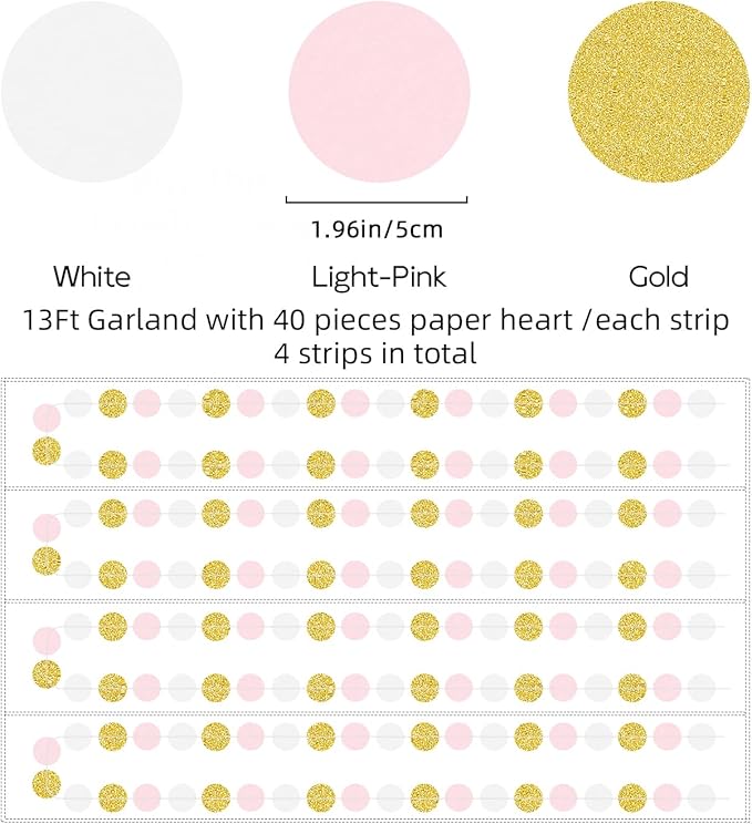 Light-Pink White Gold Party Decorations - 52Ft Paper Garland Circle Dots Streamers Banner Girl Women Birthday Bridal Shower Wedding Bachelorette Engagement Graduation Hanging Decor Hongtongtong